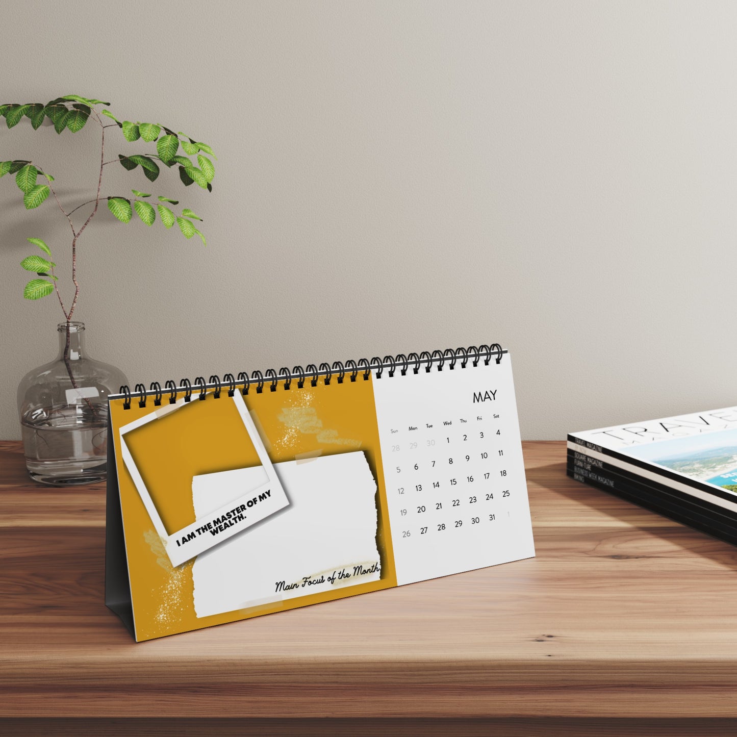 2024 Iconic Manifestation Desktop Calendar on wooden desk with the month of May shown 