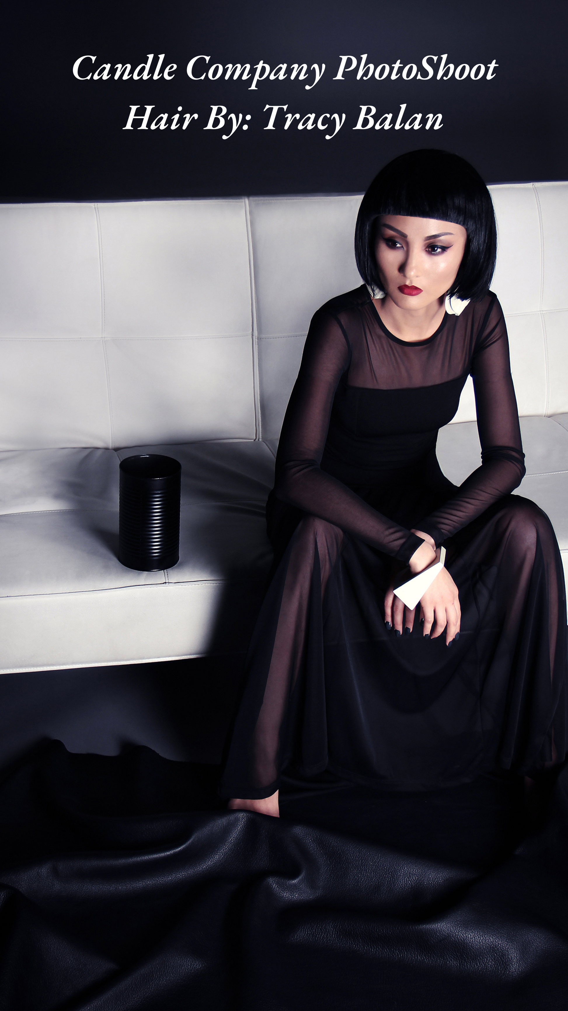 Candle Company Photoshoot Hairstyle By Beauty Expert Tracy Balan model with sharp chinses bangs black bob