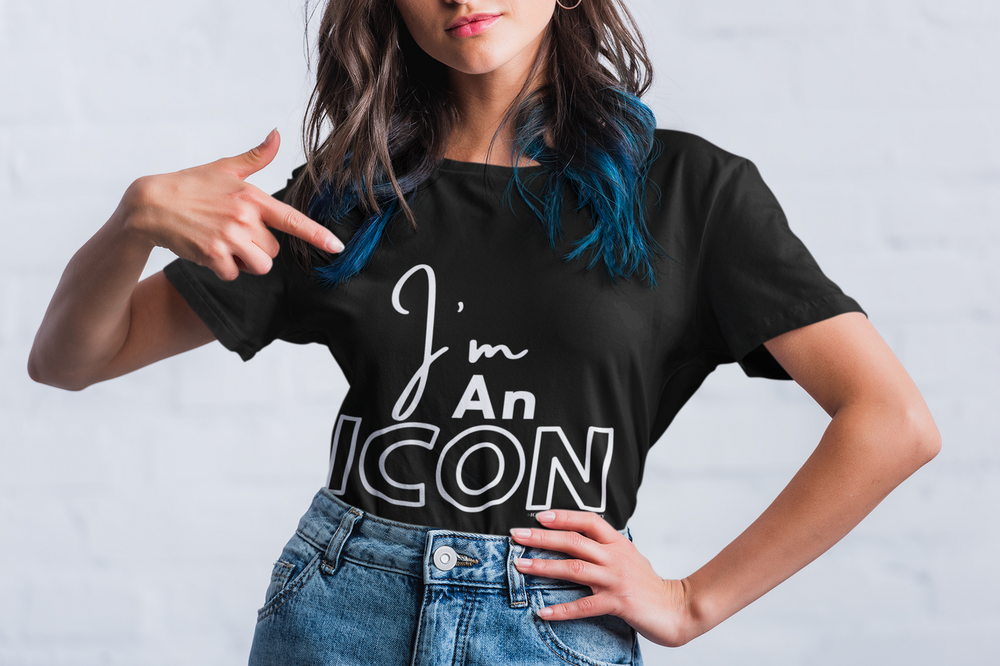 I'm An ICON Black T-Shirt on model with blue hair and blue jeans