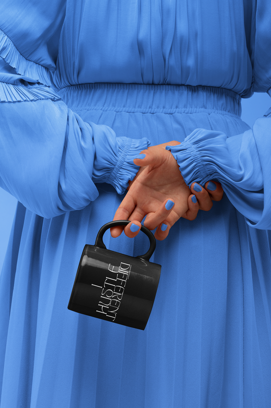 I Hustle Different Black Mug held by women in blue dress that has blue nails